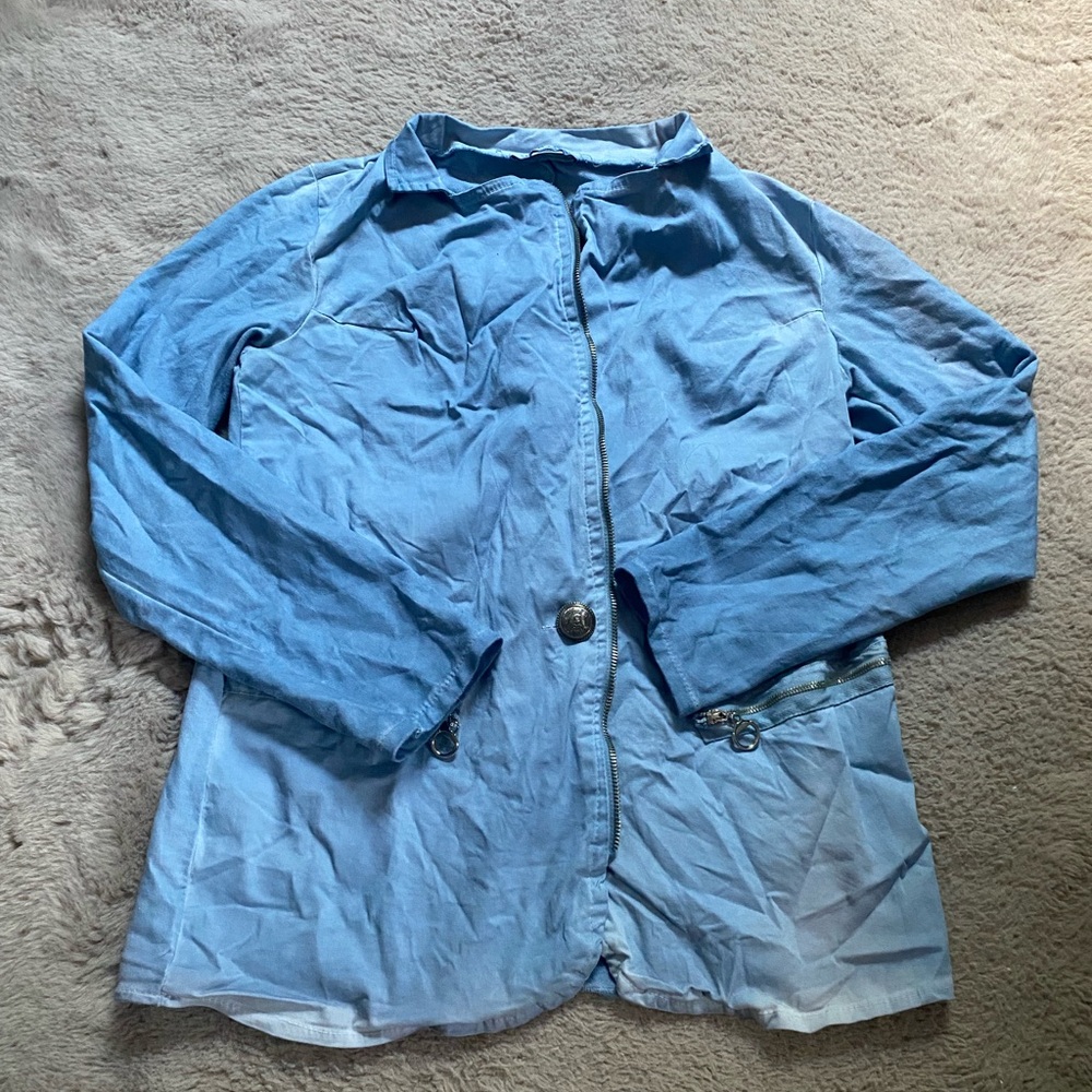Gigi Moda Size Medium Cotton Jacket Blue Button Zipper Trim Pockets Collard